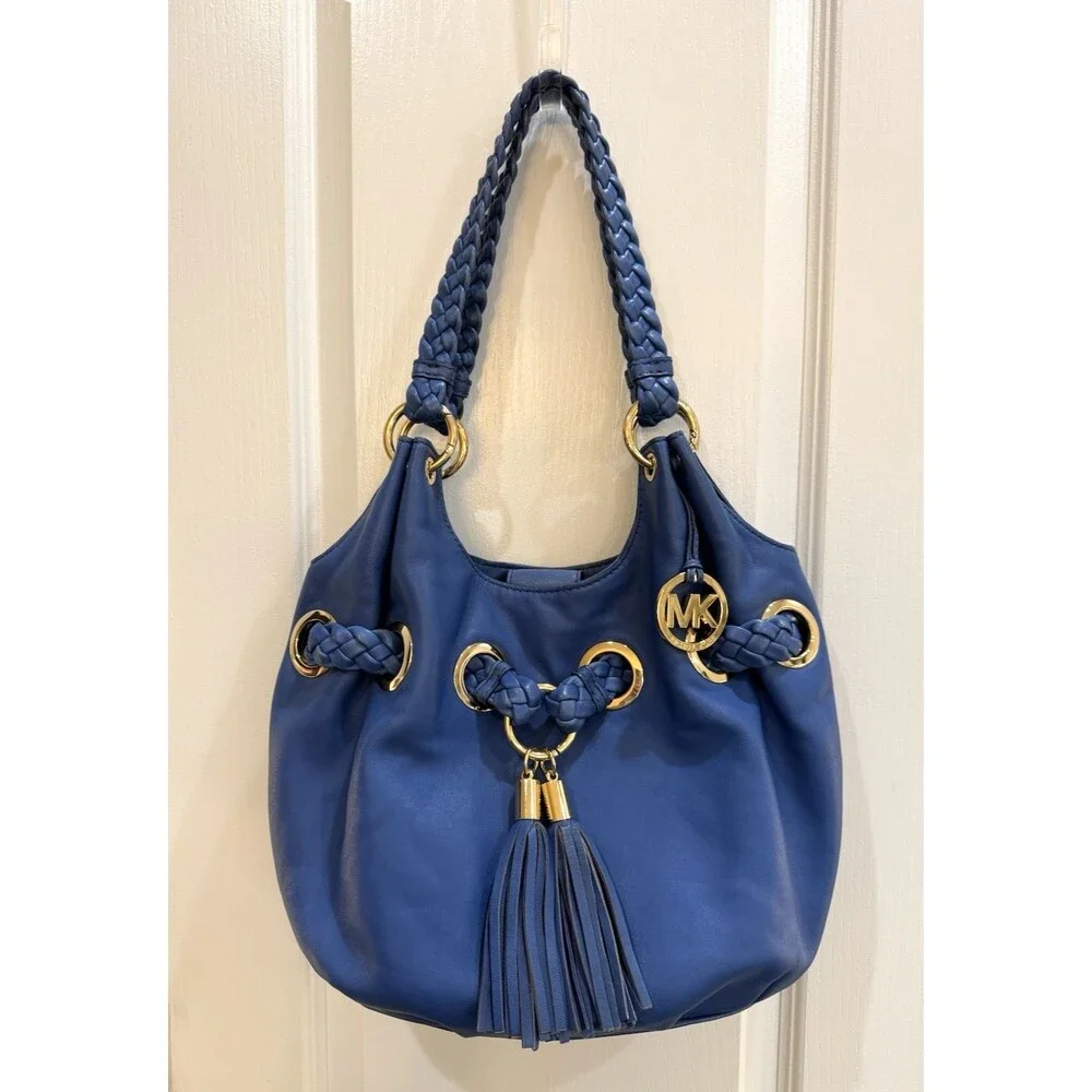Michael Kors Shoulder Bag Braided Handle Tassel Gold Hardware Logo Charm Blue